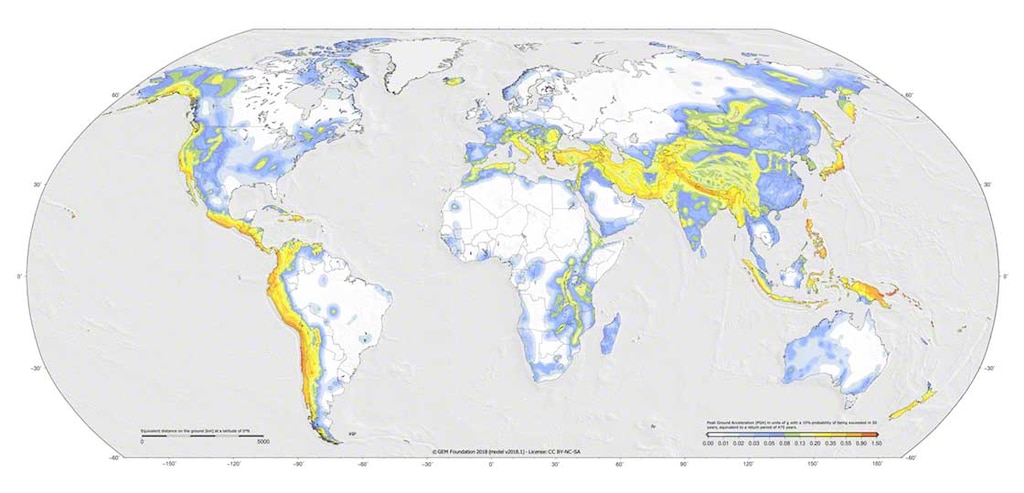 Zonas com maior probabilidade de terremotos na Terra. Fonte: Global Earthquake Model