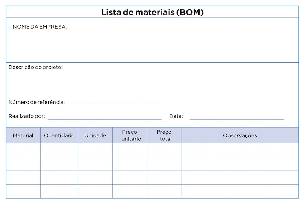 Este documento é um exemplo que mostra alguns dos itens contidos em uma lista de materiais (BOM)
