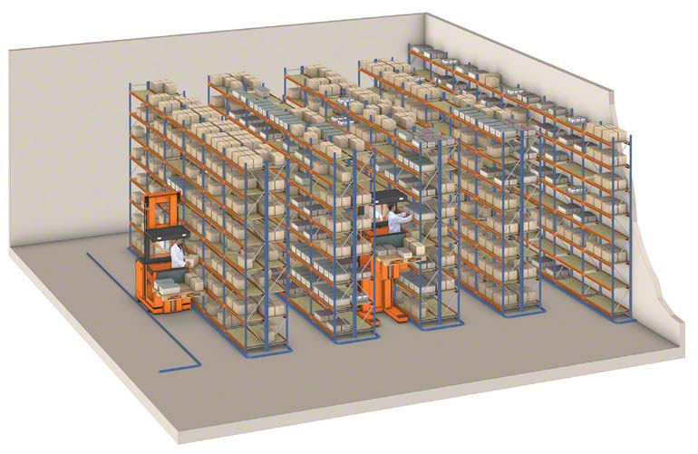 Selecionadoras operando em um armazém com estantes convencionais