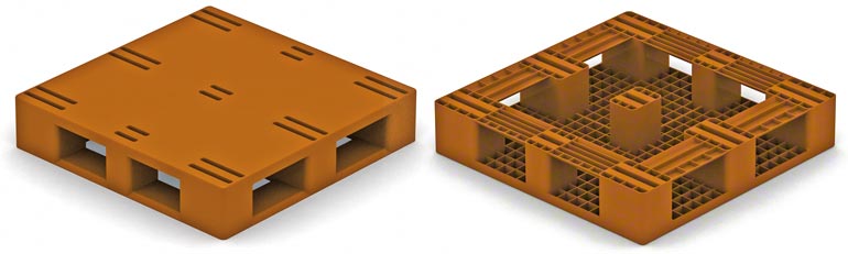 Este modelo é muito parecido com um palete de madeira do tipo 2, com base perimetral, portanto é necessário considerar as mesmas restrições existentes em relação àqueles.