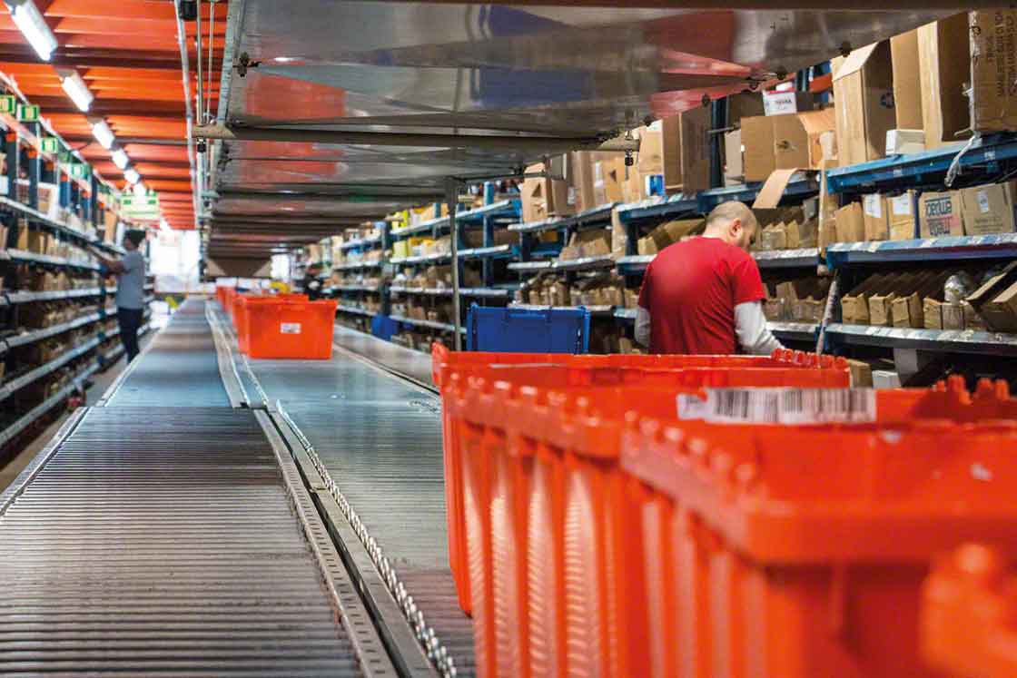 Os armazéns de peças de reposição podem utilizar estantes para picking e transportadores para as referências com rotatividade mais alta
