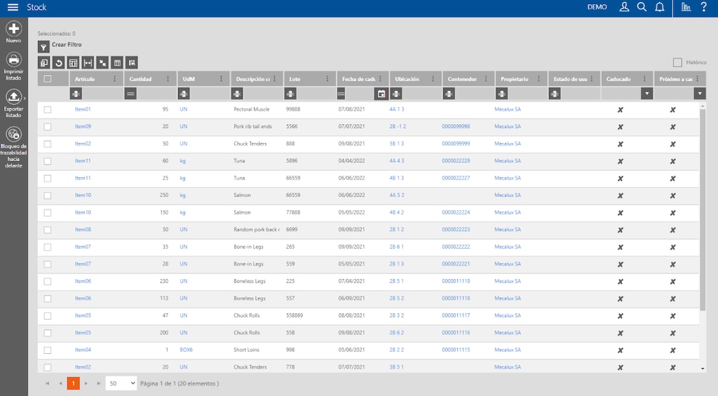 Captura de tela do Easy WMS com a lista do estoque disponível no armazém