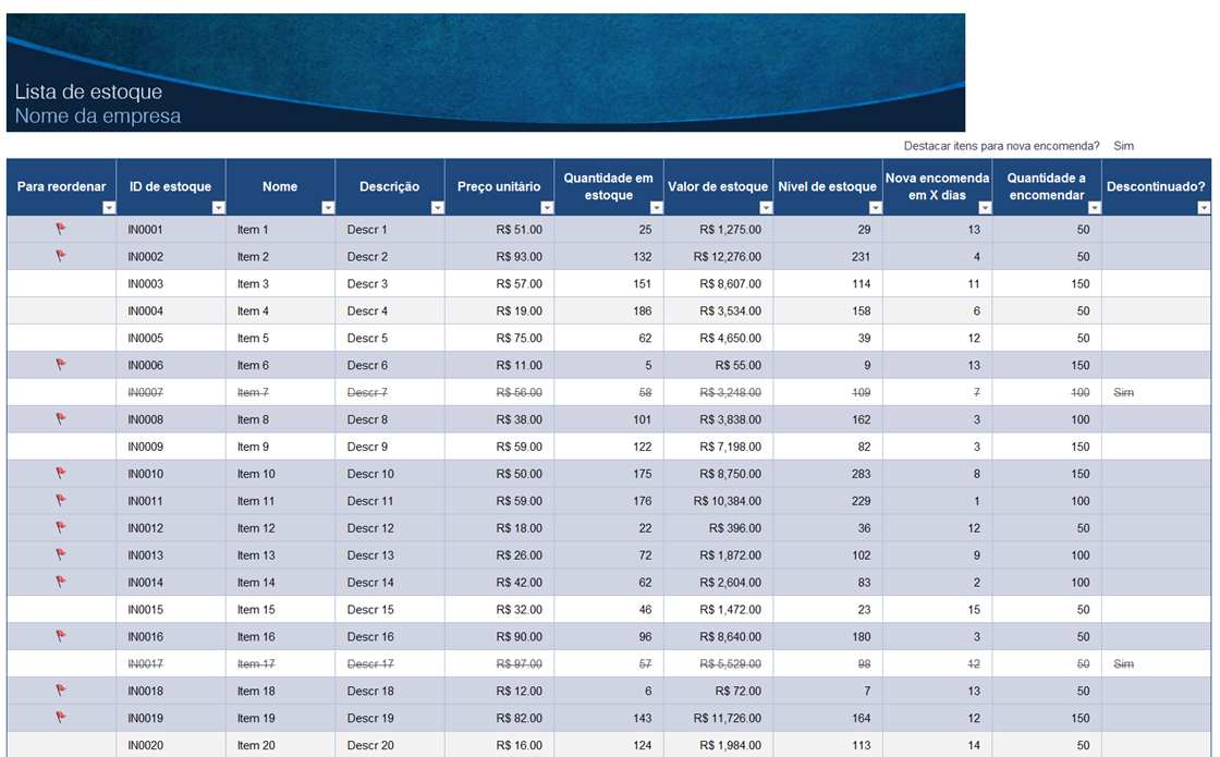 Exemplo de um modelo para fazer inventário no armazém com Excel