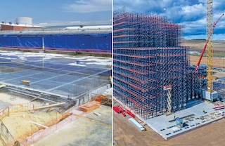 A estrutura do armazém autoportante assenta sobre um radier de concreto armado