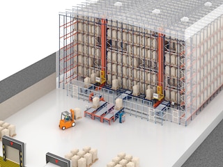 Os armazéns autoportantes podem alojar sistemas de armazenamento automáticos compactos, como o Pallet Shuttle com transelevadores