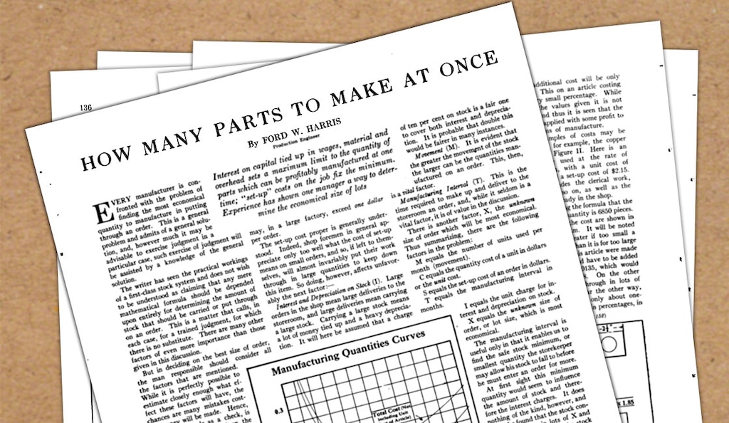 O engenheiro de produção Ford Whitman Harris apresentou o EOQ (Economic Order Quantity) pela primeira vez na revista Factory em 1913