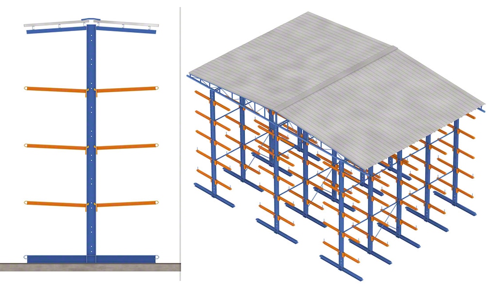 As estantes cantilever para cargas longas oferecem acessórios como uma coberta para áreas externas