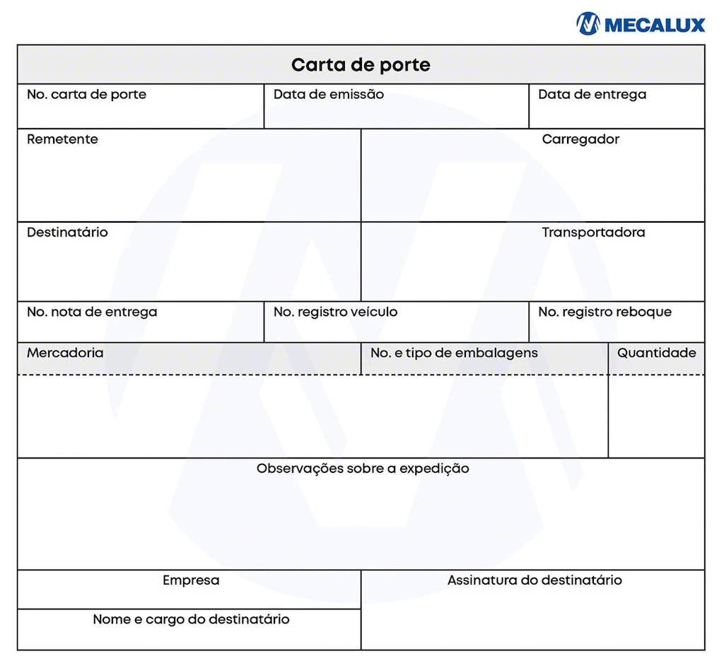 Exemplo de carta de porte utilizada em armazém logístico com os campos a preencher