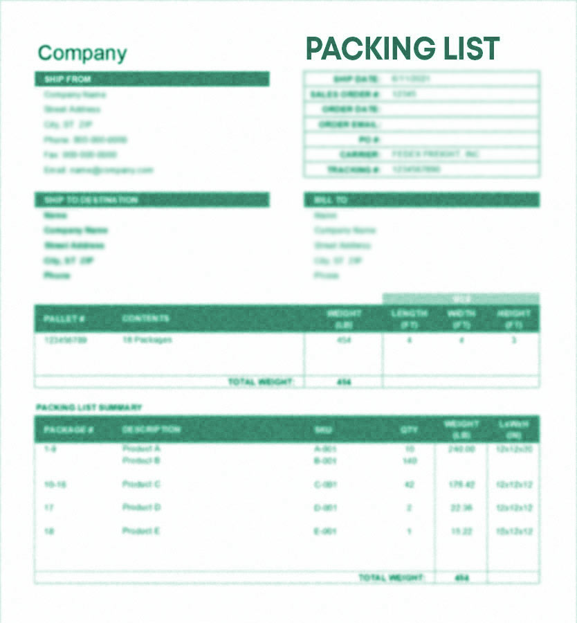 Um packing list inclui os tipos de produto, sua quantidade, volume, tamanho e embalagem