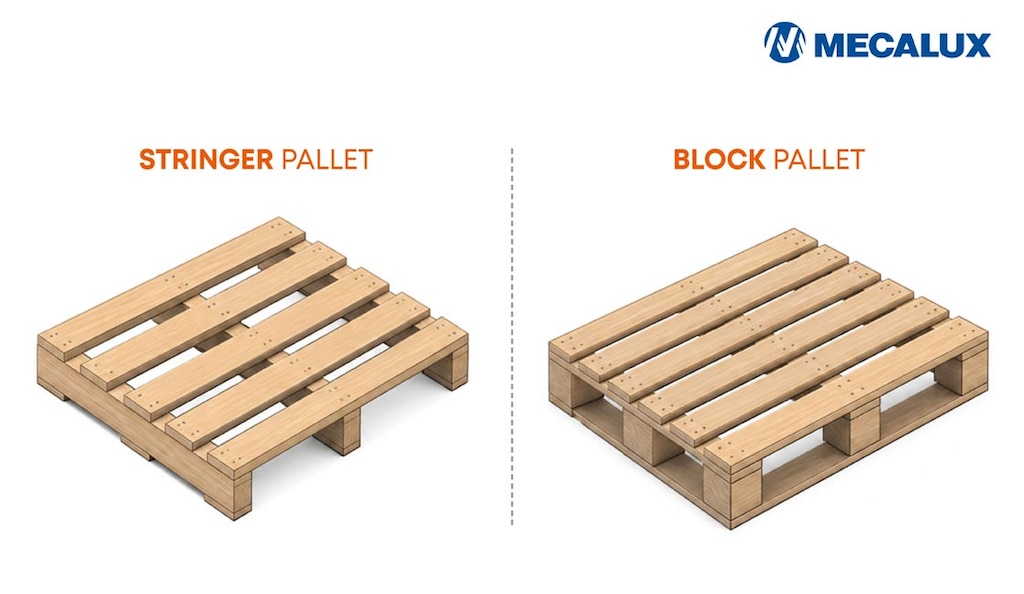 Os block pallets utilizam tacos distribuídos enquanto os stringer apresentam longarinas longitudinais