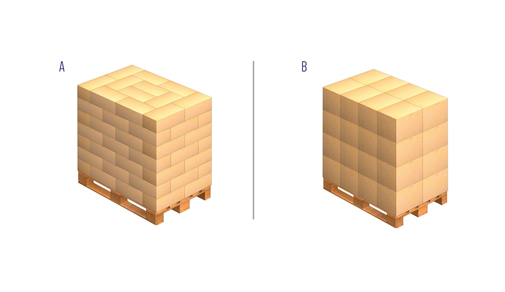 Existem diferentes formas de empilhar caixas para compor um palete