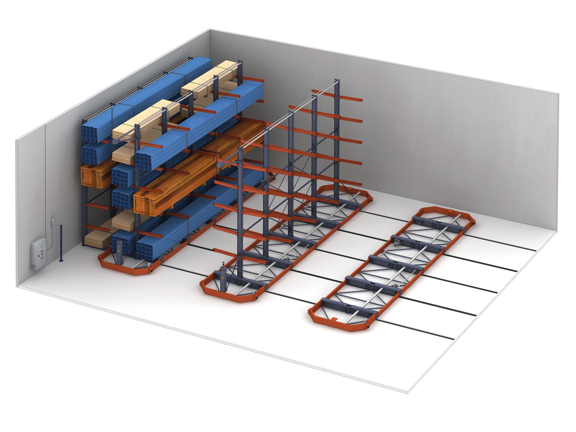 Podem ser instalados onze porta-paletes cantilever sobre bases móveis para armazenar cargas longas e volumosas